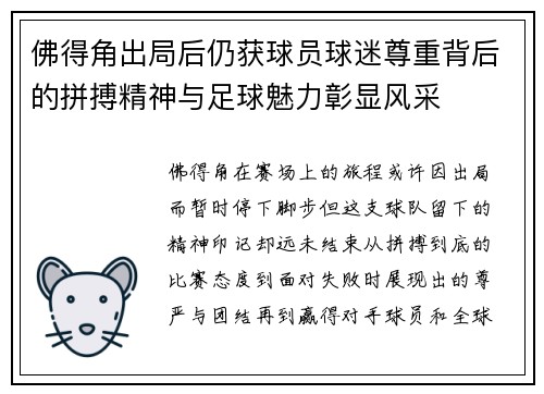 佛得角出局后仍获球员球迷尊重背后的拼搏精神与足球魅力彰显风采